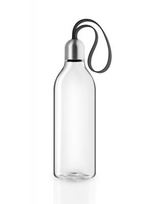 Transparente Eva Solo Trinkflasche 0,5l mit schwarzem Trageband und Edelstahl-Verschluss. Wiederverwendbare Wasserflasche.